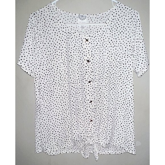 Late August White & Black Polka Dot Button-Up Blouse V-Neck Short Sleeve Tie Fro - Picture 1 of 2